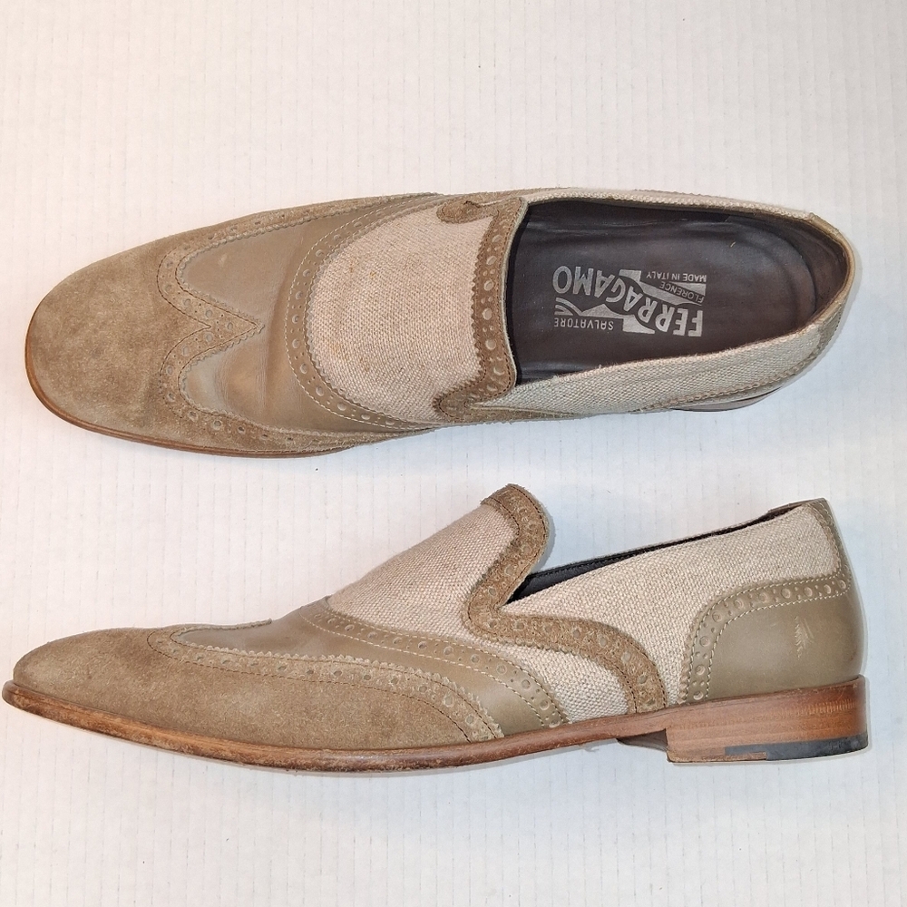 Salvatore Ferragamo Beige Brogue Mixed Media Leather Slip On Loafers